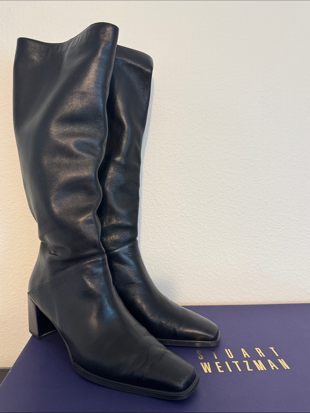 Stuart Weitzman Black Leather Square Toe Boots Size 6 Vintage Y2K